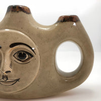 Tonala Mexican Folk Art Pottery Triple Vase or Candleholder with Smiling Face
