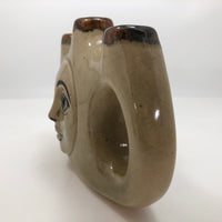 Tonala Mexican Folk Art Pottery Triple Vase or Candleholder with Smiling Face