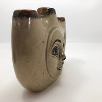 Tonala Mexican Folk Art Pottery Triple Vase or Candleholder with Smiling Face
