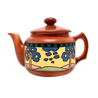 Cheerful Orange Art Deco Czech Teapot with Landscape Decoration