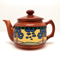 Cheerful Orange Art Deco Czech Teapot with Landscape Decoration