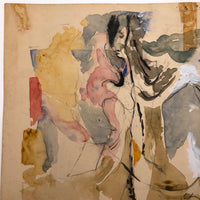 Lois Gross Smiley Vintage Mixed Media Painting of Two Figures