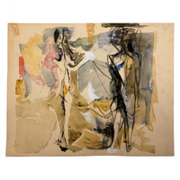 Lois Gross Smiley Vintage Mixed Media Painting of Two Figures