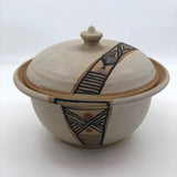 Lidded Pottery Cooking and Serving Dish With Banded Pattern