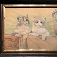 Three Soulful Cats Large Mixed Media Drawing on Paper, Framed