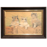 Three Soulful Cats Large Mixed Media Drawing on Paper, Framed