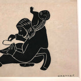 Alice Nanogak Canadian Inuit Framed Hand-printed Stonecut of Mother and Child