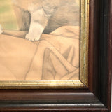 Three Soulful Cats Large Mixed Media Drawing on Paper, Framed