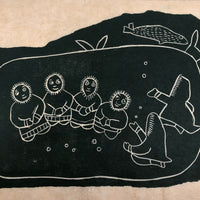 Alice Nanogak Canadian Inuit Framed Hand-printed Stonecut of Ice Fishing Scene