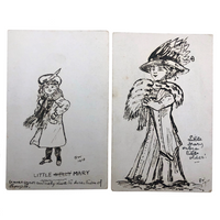 Two Portraits of Mary -- Pair of 1910 Hand-drawn Pen and Ink Postcards