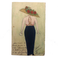 Woman with Flowered Hat Hand-painted Spanish Postcard, 1913