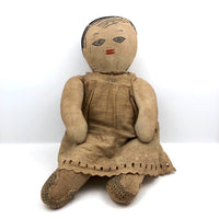Wonderful Old Handmade Ragdoll with Embroidered Face and Crocheted Booties