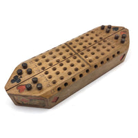 Unusual Old Folk Art Cribbage Board with Carved Trumps and Inlaid Playing Cards