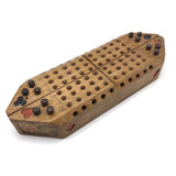 Unusual Old Folk Art Cribbage Board with Carved Trumps and Inlaid Playing Cards