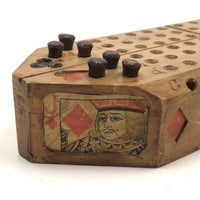 Unusual Old Folk Art Cribbage Board with Carved Trumps and Inlaid Playing Cards
