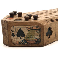 Unusual Old Folk Art Cribbage Board with Carved Trumps and Inlaid Playing Cards