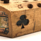 Unusual Old Folk Art Cribbage Board with Carved Trumps and Inlaid Playing Cards