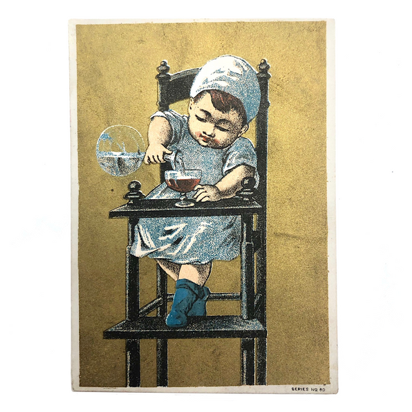 Baby in High Chair Drinking, Victorian Era Trade Card