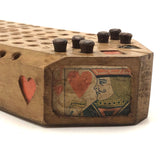 Unusual Old Folk Art Cribbage Board with Carved Trumps and Inlaid Playing Cards