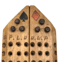Unusual Old Folk Art Cribbage Board with Carved Trumps and Inlaid Playing Cards