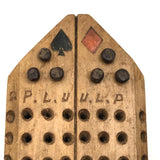 Unusual Old Folk Art Cribbage Board with Carved Trumps and Inlaid Playing Cards