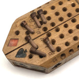 Unusual Old Folk Art Cribbage Board with Carved Trumps and Inlaid Playing Cards