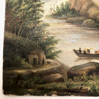 American Oil on Board 19th Century Northeastern River Scene Landscape Painting