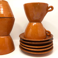 Jugtown Pottery Ware Orange Glazed Set of Four Mugs, One Cup,  Five Saucers