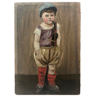 Little Boy Smoking Pipe, Small Antique Oil on Canvas Painting