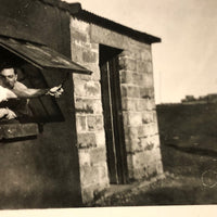 Two Young Men at Cottage Window, Black and White Snapshot