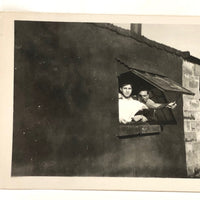 Two Young Men at Cottage Window, Black and White Snapshot