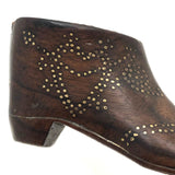 Double Monogrammed Antique English Treen Snuff Shoe with Hearts, Arrows, Crown
