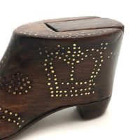 Double Monogrammed Antique English Treen Snuff Shoe with Hearts, Arrows, Crown