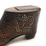 Double Monogrammed Antique English Treen Snuff Shoe with Hearts, Arrows, Crown