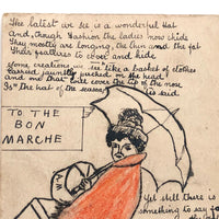 To The Bon Marche, 1908 Hand-drawn Ink and Crayon Postcard