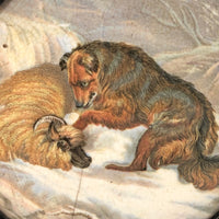 Wolf Rescuing Ram, c. 1860s Framed Antique Prattware Jar Lid, “The Snow Drift”