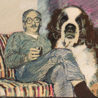 Man with Coffee and Huge Dog c. 1980s Handworked Mixed Media Print