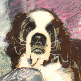 Man with Coffee and Huge Dog c. 1980s Handworked Mixed Media Print