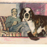 Man with Coffee and Huge Dog c. 1980s Handworked Mixed Media Print