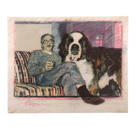 Man with Coffee and Huge Dog c. 1980s Handworked Mixed Media Print