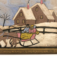 Folk Art Chalk Drawing of Couple in Horse-Drawn Sled Signed Clair Bolic