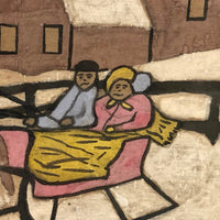 Folk Art Chalk Drawing of Couple in Horse-Drawn Sled Signed Clair Bolic