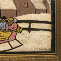 Folk Art Chalk Drawing of Couple in Horse-Drawn Sled Signed Clair Bolic