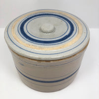Lidded Old White and Blue Striped Stoneware Crock