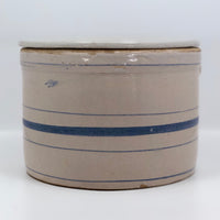Lidded Old White and Blue Striped Stoneware Crock