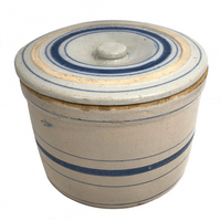 Lidded Old White and Blue Striped Stoneware Crock
