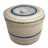 Lidded Old White and Blue Striped Stoneware Crock