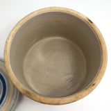 Lidded Old White and Blue Striped Stoneware Crock