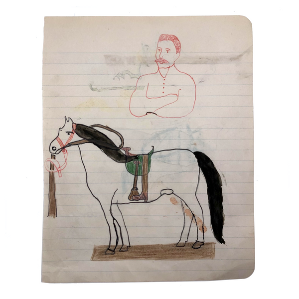 SOLD C. 1900 Pennsylvania School Boy Drawing of Man and Horse, Bird and Horse Head on Reverse