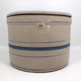 Lidded Old White and Blue Striped Stoneware Crock